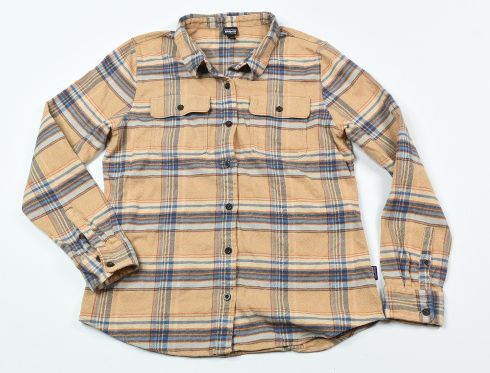 Patagonia Fjord Flannel Shirt Womens Large Beige Plaid Long Sleeve Button-Up